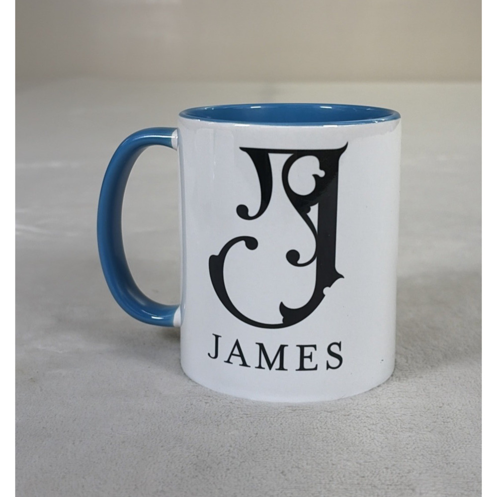 Personalized "J" James Coffee Mug Ceramic Cup 11oz Blue Interior Blk Letters